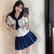 夏季韩版jk制服套装裙女纯欲海军领学院风水手服衬衫百褶裙两件套