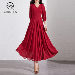 纯色灯笼袖连衣裙，女夏季2024气质雪纺红色修身显瘦收腰长裙子