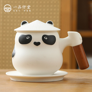 马克杯带盖白瓷杯熊猫杯茶杯高端个人专用陶瓷水杯茶水分离咖啡杯
