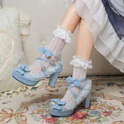 日系手工洛丽塔蓝色超高跟单鞋，成人礼性感，lolita皮鞋粗跟蕾丝公主