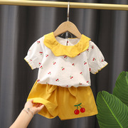女宝宝夏季两件套洋气女童装，娃娃领樱桃夏装，时髦女孩短袖套装