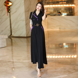 黑色高级感连衣裙2024女夏季腰带显瘦高端气质超大摆长裙1894