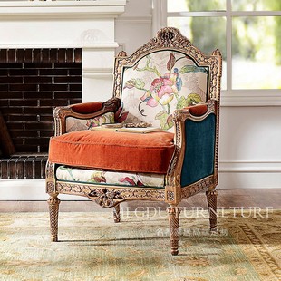 美式实木雕花单人沙发布艺，沙发欧式皇宫贵族沙发，形象椅法式别墅
