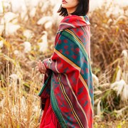 羊绒围巾女秋冬季民族风大方巾，旅游拍照加厚空调披肩斗篷两用