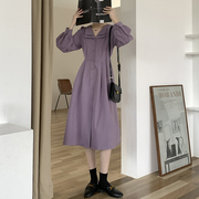 春秋季2022法式复古紫色长袖裙子收腰显瘦温柔气质连衣裙女装