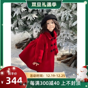 2023冬季小熊童装女童宝宝，新年红圣诞红春节羊绒，呢大衣外套厚