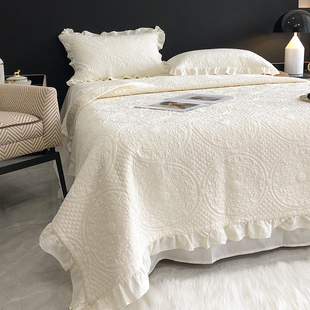韩式高级感床盖纯棉，四季通用夹棉绗缝厚床单，三件套全棉花边夏凉被