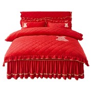 大红色冬季加绒夹棉床裙四件套绗缝被套珊瑚绒法兰绒双面绒床头罩