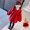女童红色外套秋冬装儿童韩版飞袖加厚呢子，衫女宝宝过年服毛呢大衣