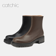 catchic2023真皮黑色马丁靴走路舒适气质法式复古风粗跟高跟圆头