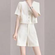 白色小香风套装女夏季2024年高级感气质，名媛短袖阔腿裤两件套
