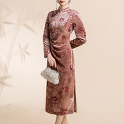 复古金丝绒旗袍，中长款2024春季显瘦长袖中国风，中式连衣裙年轻