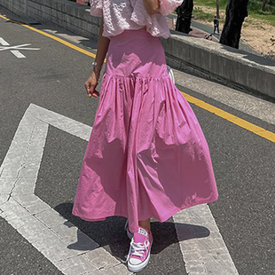 韩国chic夏季甜美小众高腰，百搭拼接褶皱大摆型过膝长款半身裙女