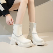 韩式裸靴马丁靴女厚底皮靴，冬粗跟防水台高跟，圆头后拉链小香风短靴