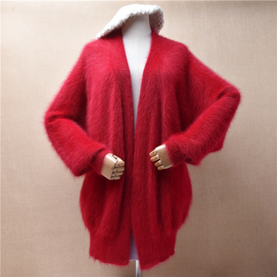 原单秋冬深红色长毛水貂绒时尚中长款蝙蝠长袖披风外套毛衣女Q3