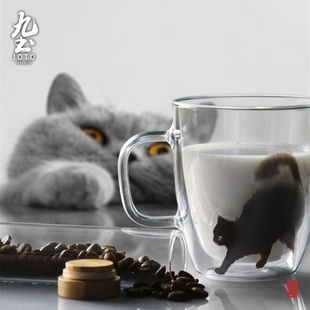 九土马克杯手工双层玻璃杯猫咪杯子把手咖啡杯水杯家用耐高温茶杯