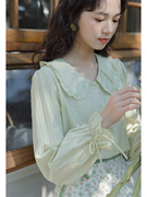 绿色木耳边娃娃领长袖，衬衫女2023春季法式小个子甜美洋气上衣