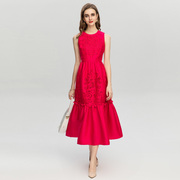 didabole重工镂空刺绣，显瘦中长款修身大摆玫，红色连衣裙0321400168