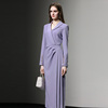 2024春季时尚通勤气质，不对称设计收腰压褶开衩紫色，中长西装裙