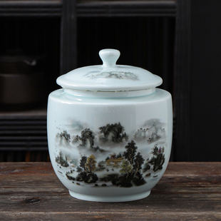 陶瓷茶叶罐青瓷茶具密封罐德化陶瓷红茶绿茶铁观音储藏千里江山