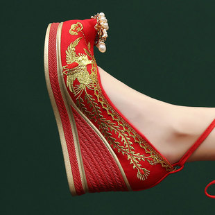 古风汉服鞋坡跟婚鞋新娘，鞋秀和两穿中式婚礼高跟刺绣结婚鞋子红色