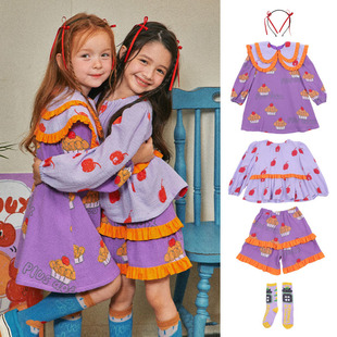 韩国BE女童可爱娃娃领紫色连衣裙蛋糕杯子印花棉短袖衬衫裙裤