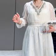 大码女装法式v领雪纺长袖连衣裙2024年夏季重工镶钻气质收腰裙子