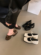 法式黑色粗跟高跟鞋秋冬女鞋子，2023方头复古单鞋，玛丽珍小皮鞋