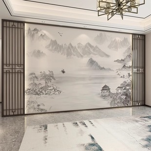 新中式电视背景墙壁纸墙布意境，沙发卧室客厅影视，墙墙纸山水水墨画