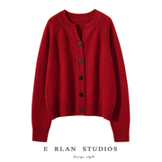 红色纯羊绒开衫女秋冬欧货高端山羊绒外套针织衫毛衣加厚圆领