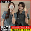新中式国风盘扣短袖牛仔衬衫女夏季复古小个子短款上衣学生衬衣潮