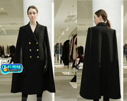 欧美时尚黑色斗篷羊毛呢大衣外套，女中长款双排，扣加厚保暖英伦风
