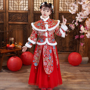 女童秋冬拜年长裙重工新年演出服，红色公主裙春秋长袖b类连衣裙