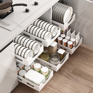 厨房收纳架子储物家用整体橱柜v置物架抽拉式整体橱柜轨道拉篮抽