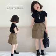 女童黑色t恤工装半裙套装夏装24韩版休闲儿童短袖上衣两件套