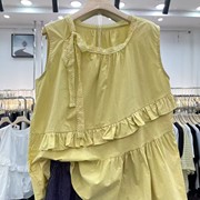 木耳边拼接无袖衬衣女夏季新蕾丝圆领系带宽松显瘦休闲上衣特0.12