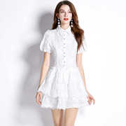 欧洲站外贸出口折扣女装时尚重工刺绣泡泡袖公主裙白色蕾丝连衣裙