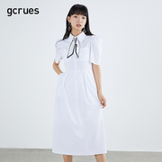 gcrues白色长款连衣裙女宽松夏短袖(夏短袖)jk风裙子设计感衬衫裙过膝