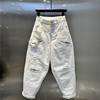 白色牛仔工装裤2024夏季欧货高腰，大版型遮肉九分老爹裤垮裤女