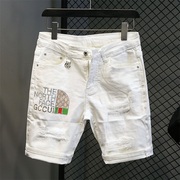 夏季薄款牛仔短裤男白色，烫钻五分欧版潮流，修身中裤子破洞休闲马裤