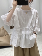 韩国灯笼袖衬衫女式夏五分(夏五分)袖褶皱小清新宽松显瘦高腰减龄棉质上衣