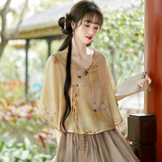 新中式国风印花斜襟衬衫V领系带七分袖喇叭袖汉服上衣女装两件套
