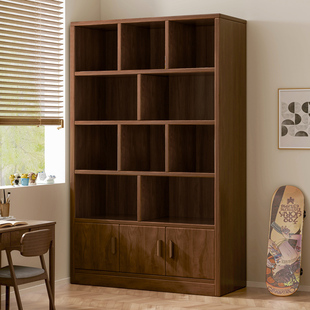 宜家实木书架一体靠墙置物架落地胡桃木色墙边柜子储物柜简易家用