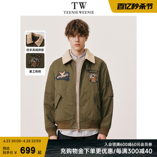 teenieweenie小熊男装棉服冬季拼接仿羊羔毛潮流(毛潮流)机车外套