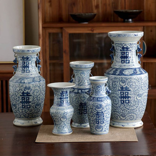 景德镇仿古手绘喜字双耳花瓶，中式客厅陶瓷，摆件花瓶玄关客厅花瓶