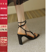 bb_古真皮2024年韩国夹脚粗跟交叉绑带，凉鞋高跟女鞋一字扣带