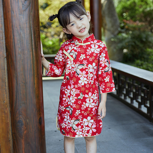 女童旗袍中国风春秋，长袖改良纯棉复古唐装红色，礼服修身儿童连衣裙