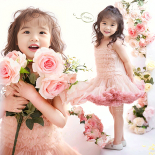 儿童拍照服装春天3-5岁女孩影楼，粉色礼服蓬蓬裙女童摄影公主裙衣
