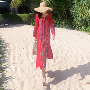 夏季超仙连衣裙优雅红色绣花长裙子三亚旅游海边度假裙沙滩裙