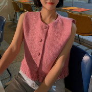 韩国chic春夏法式小香风圆领拼接流苏毛边，设计宽松粗花呢背心马甲
